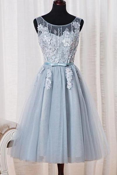 Lovely Light Blue Tulle Homecoming Dress, Cute Tea Length Party Dress