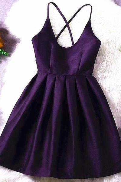 Beautiful Dark Purple Satin Short Homecoming Dress, Cute Party Dress