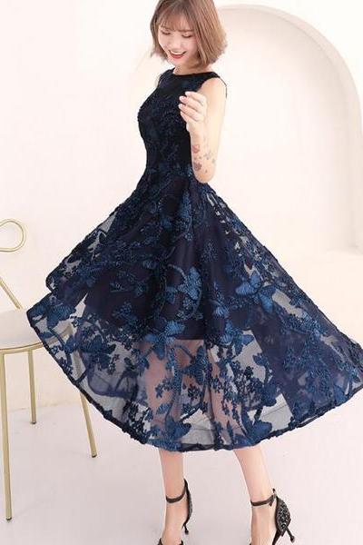 High Low Navy Blue Lace Bridesmaid Dress, Round Neckline Party Dress