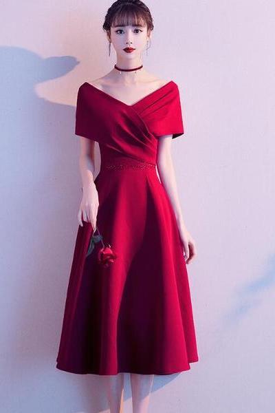 Dark Red Off Shoulder Tea Length Party Dress, Bridesmaid Dress