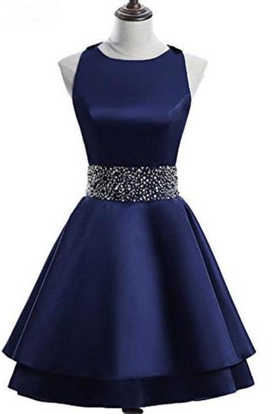 Navy Blue Satin Layers Cross Back Homecoming Dress, Blue Short Prom Dress