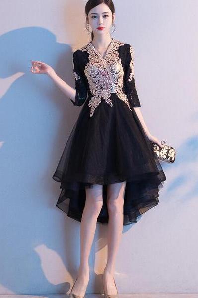 Black Tulle High Low Dress With Lace Applique, Short Wedding Party Dress