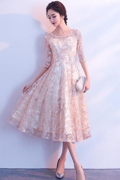 Beautiful Light Champagne Tea Length Lace Bridesmaid Dress, Homecoming Dress