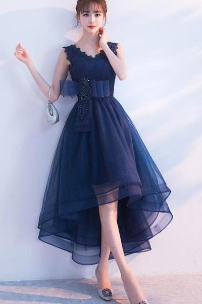 Navy Blue V-neckline High Low Tulle Party Dress, Blue Homecoming Dress
