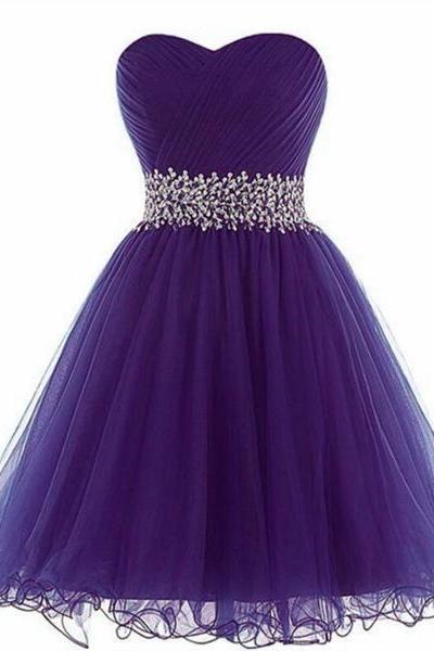 Purple Tulle Beaded And Sequins Short Homecoming Dress, Sweethart Prom Dress