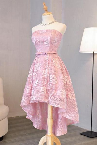 Pink Cute High Low Lace Homecoming Dress, Cute Lace Short Prom Dress