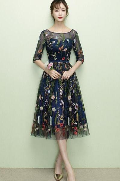 Lovely Navy Blue Lace Floral Knee Length Bridesmaid Dress, Blue Short Party Dress