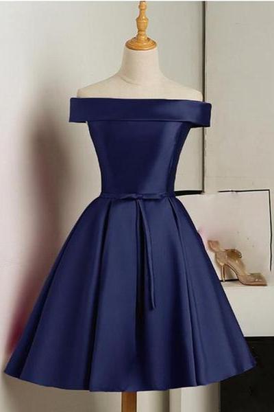 Beautiful Navy Blue Satin Knee Length Homecoming Dress, Blue Short Prom Dress