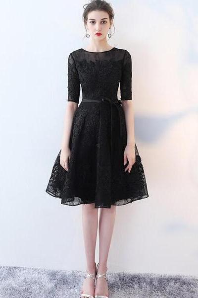 Cute Black Lace Short Sleeves Party Dress, Black Lace Homecoming Dress