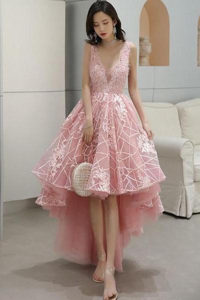Pink V-neckline Tulle Lace High Low Party Dress, Pink Formal Dress Homecoming Dress