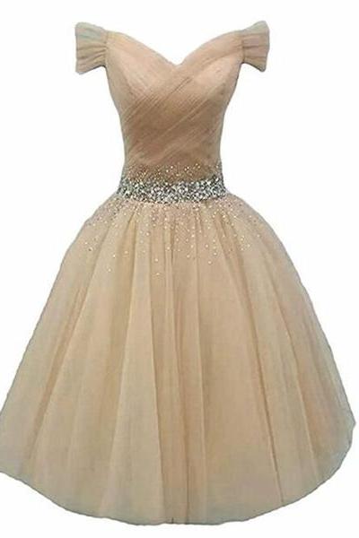 Cute Champagne Beaded Sweetheart Homecoming Dress, Off Shoulder Party Dress