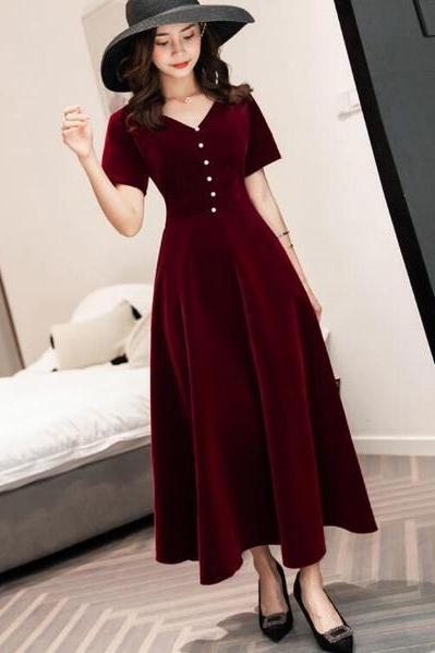 Wine Red Tea Length Short Sleeves Vintage Style Party Dress, Velvet Bridesmaid Dress