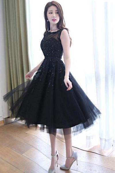 Beautiful Handmade Tea Length Tulle Black Party Dress, Black Bridesmaid Dress