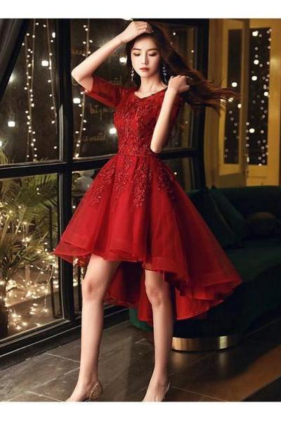 Dark Red High Low Tulle Short Sleeves Flowers Party Dress,homecoming Dresses