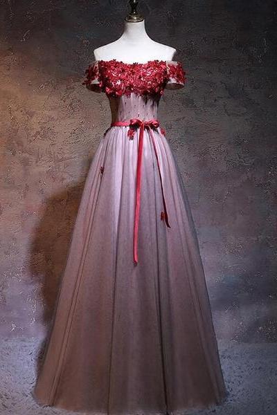 Unique Pink Tulle Off Shoulder Prom Dress With Lace Applique,party Dress For Wedding