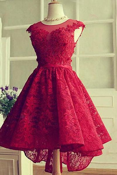 Fashionable Wine Red Lace High Low Party Dress, Lace Homecoming Dresses
