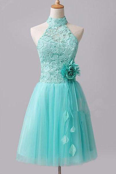 Cute Mint Halter Lace Flowers Homecoming Dresses, Short Prom Dress Graduation Dress