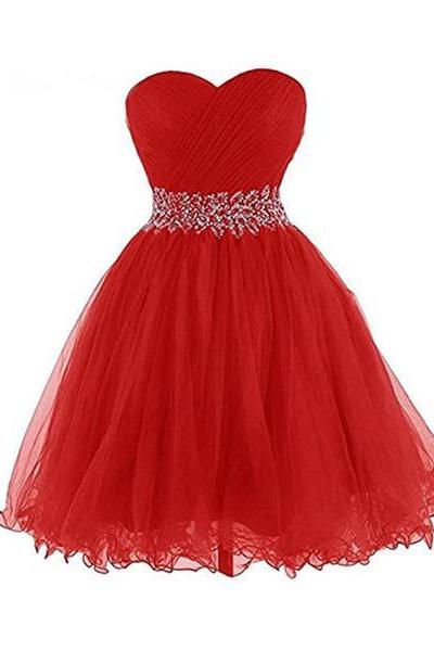 Red Beaded Sweetheart Tulle Homecoming Dress, Red Party Dress 2021