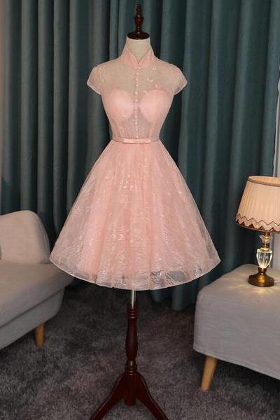 Pink Lace High Neckline Short Homecoming Dress, Lace Lovely Formal Dresses