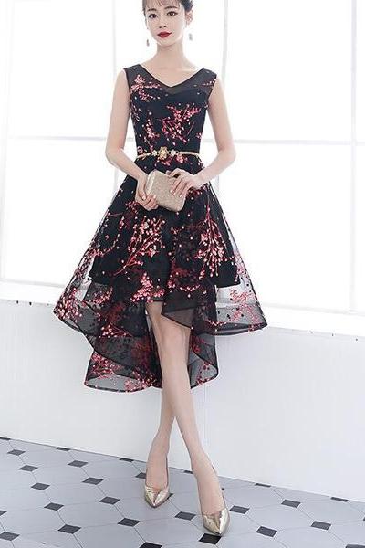 Adorable Black Floral High Low Homecoming Dress, V-neckline Short Prom Dress