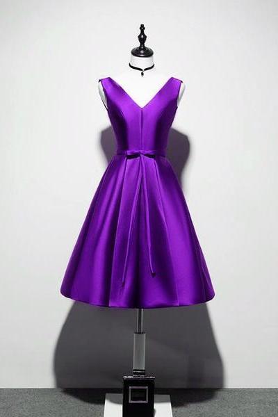 Elegant V-neckline Satin Purple Short Prom Dress, Purple Bridesmaid Dress