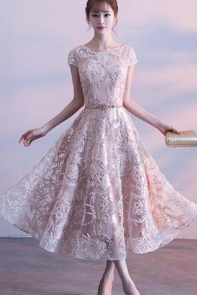Cute Cap Sleeves Lace Tea Length Bridesmaid Dress, Lovely Wedding Party Dress
