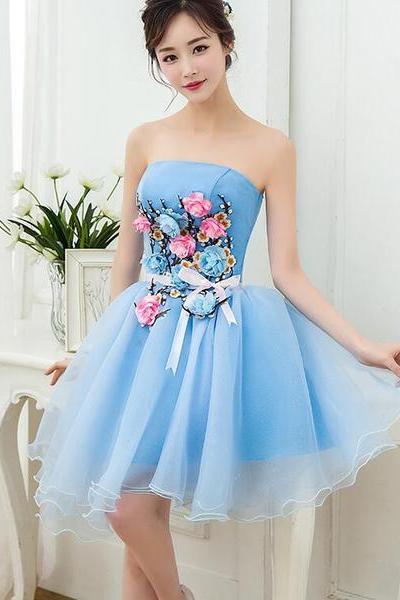 Lovely Blue Organza Short Party Dress With Flowers, Blue Homecoming Dress