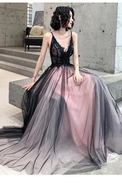 Fashionable Pink And Black Tulle V-neckline Party Dresses, Pink Lace Applique Evening Gown