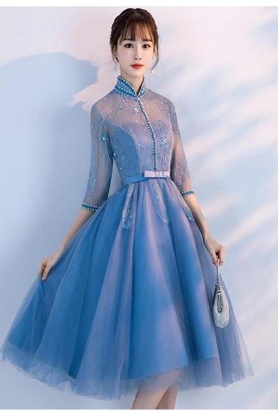 Beautiful Blue Knee Length Beaded Party Dress, Short Sleeves Prom Dresses