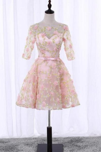 Cute Flowers Short Tulle Pink Party Dress, 3d Flowers Short Homecoming Dress