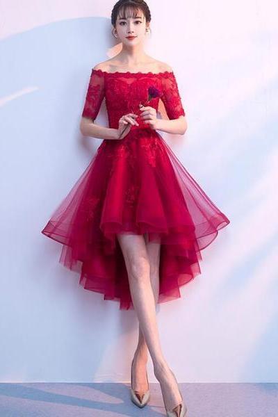 Chic Wine Red Round Party Dress 2021, High Low Tulle Prom Dress
