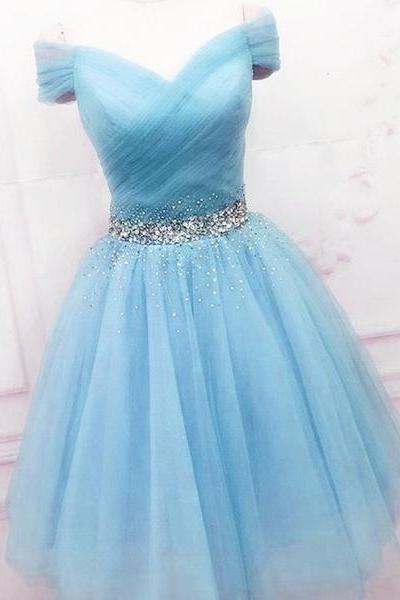 Light Blue Short Tulle Prom Dresses, Short Off The Shoulder Blue Formal Homecoming Dresses