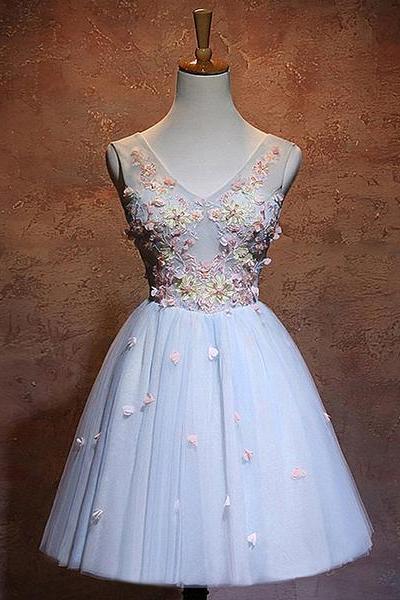 Blue Flowers A-line Short Tulle Wedding Party Dress, Blue Homecoming Dress