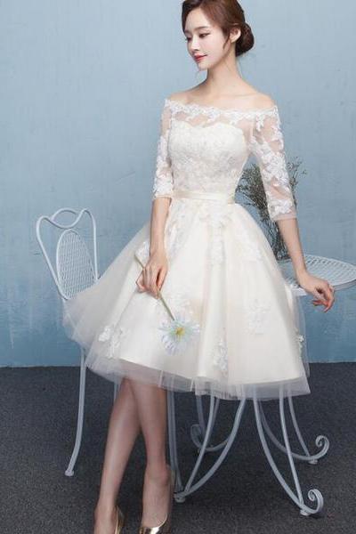 Lovely Ivory Short Tulle Prom Dress 2021, Off Shoulder Party Dress With Lace