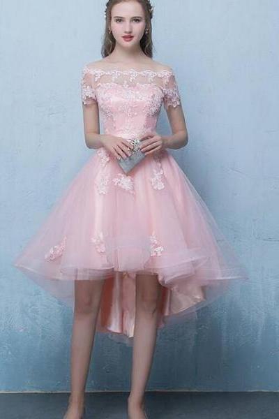 Cute Pink High Low Off Shoulder Prom Dress 2021, Pink Formal Dress