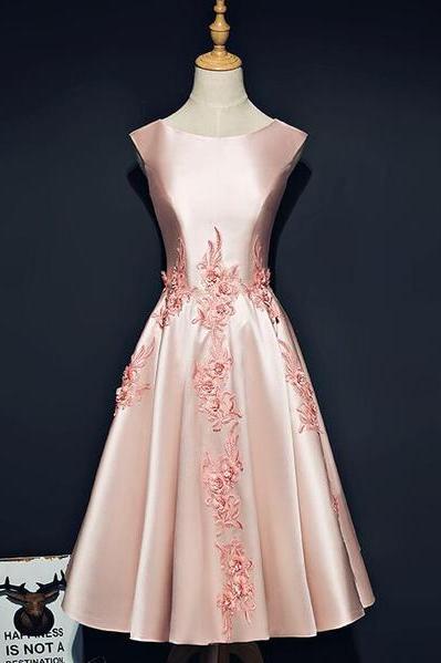 Pink Satin Knee Length Short Homecoming Dress, Pink Prom Dress Graduation Dress