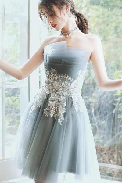 Charming Short Tulle With Lace Applique Prom Dress, Short Homecoming Dress