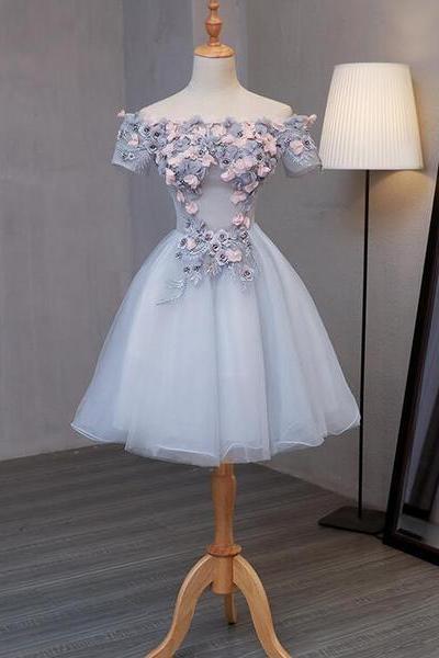 Light Grey Tulle Short Prom Dress With Flowers, Grey Homecoming Dress Graduation Dress