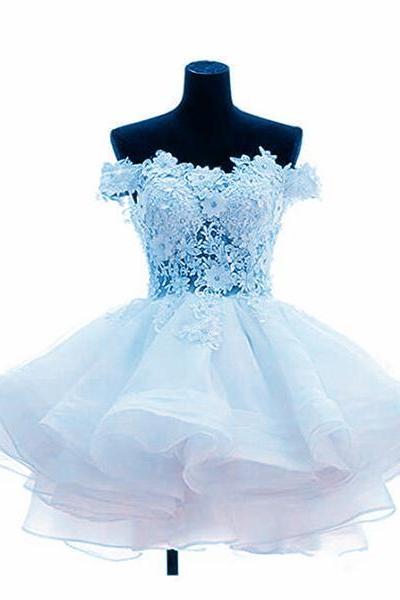 Adorable Light Blue Layers Organza Party Dress With Lace, Off Shoulder Short Prom Dress