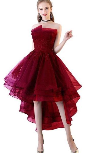 Chic High Low Dark Red Tulle Short Prom Dress With Lace Applique, Tulle Prom Dress