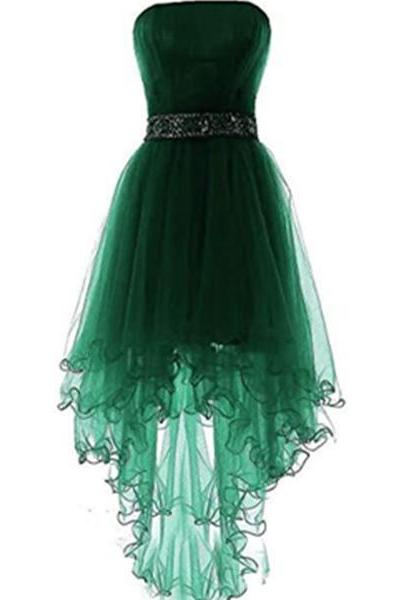 Dark Green Tulle High Low Party Dress, Green Tulle Formal Dress Homecoming Dress