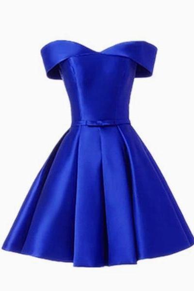 Simple Satin Off Shoulder Short Party Dress, Blue Homecoming Dress Prom Dress