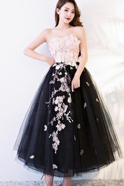 Black And Pink Tulle With Lace Flowers Formal Dress, High Quality Party Dress Formal Dress