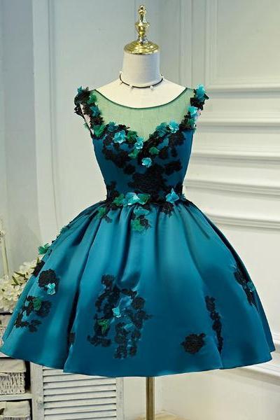 Lovely Satin Knee Length Ball Gown Party Dress With Flower Lace, Short Prom Dress
