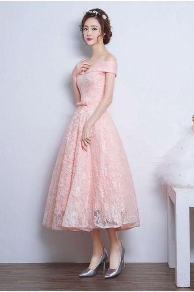 Pink Lace Sweetheart Off Shoulder Tea Length Formal Dress, Cute Bridesmaid Dress