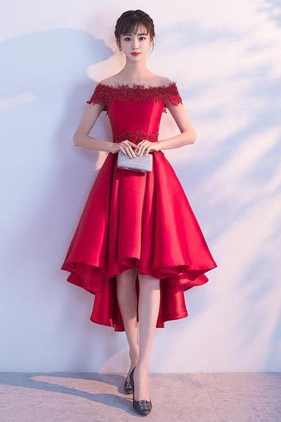 Red Satin With Lace Beaded High Low Homecoming Dress, Red Short Prom Dress Formal Dress