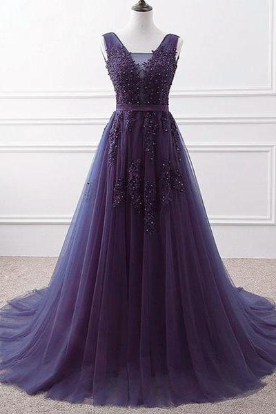 Lovely Purple Handmade Tulle V-neckline Long Party Dress, Purple A-line Bridesmaid Dress