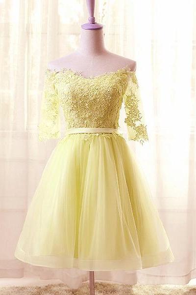Light Yellow Tulle Short Sleeves With Lace Prom Dress, Sweetheart Homecoming Dress Party Dress