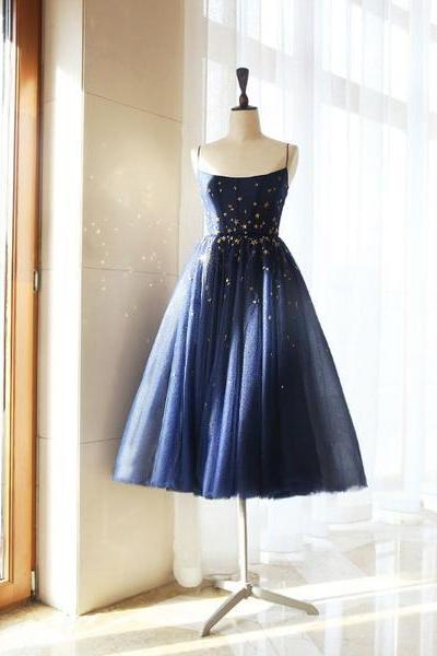 Navy Blue Tulle Straps Short Evening Dress, Blue Lovely Party Dress Prom Dress