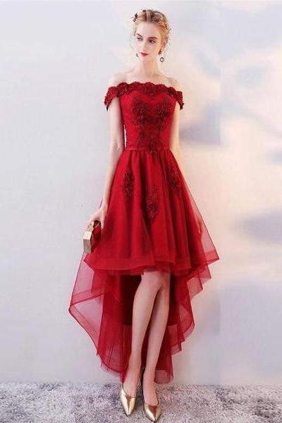 Dark Red High Low Tulle Homecoming Dress With Lace, Wine Red Prom Dress
